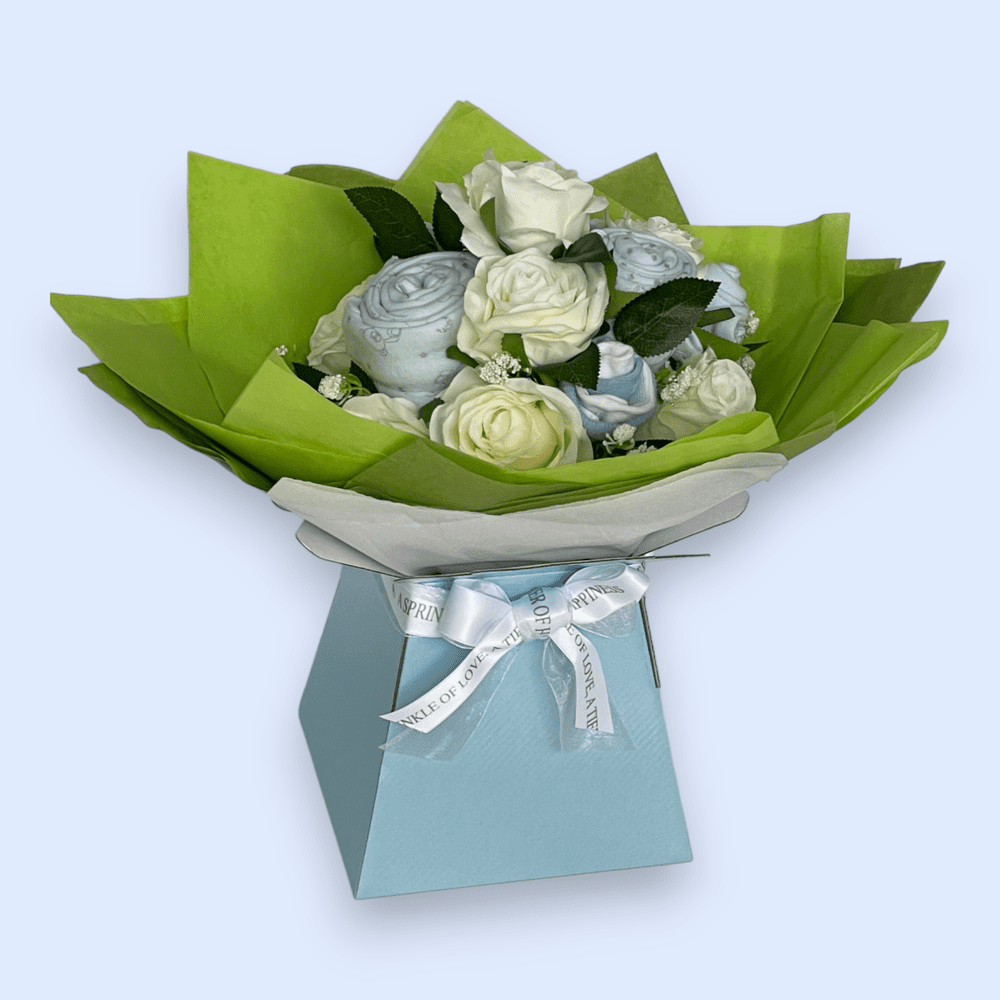 Love & Tiers Ltd The White Rose and Baby Clothing Posy Bouquet Blue, Bouquet, Boys, Christening, him, Occasions 