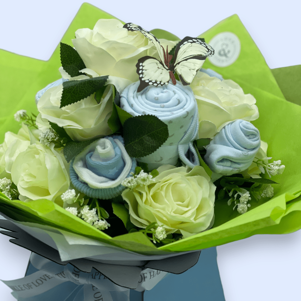 Love & Tiers Ltd The White Rose and Baby Clothing Posy Bouquet Blue, Bouquet, Boys, Christening, him, Occasions 