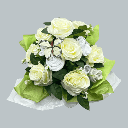 Love & Tiers Ltd The White Rose and Baby Clothing Posy Bouquet Bouquet, Christening, Christmas, Grey, Occasions, Unisex 