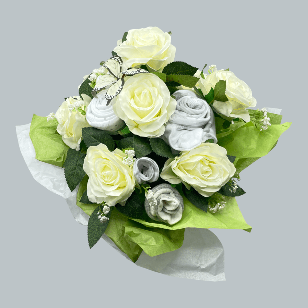 Love & Tiers Ltd The White Rose and Baby Clothing Posy Bouquet Bouquet, Christening, Christmas, Grey, Occasions, Unisex 