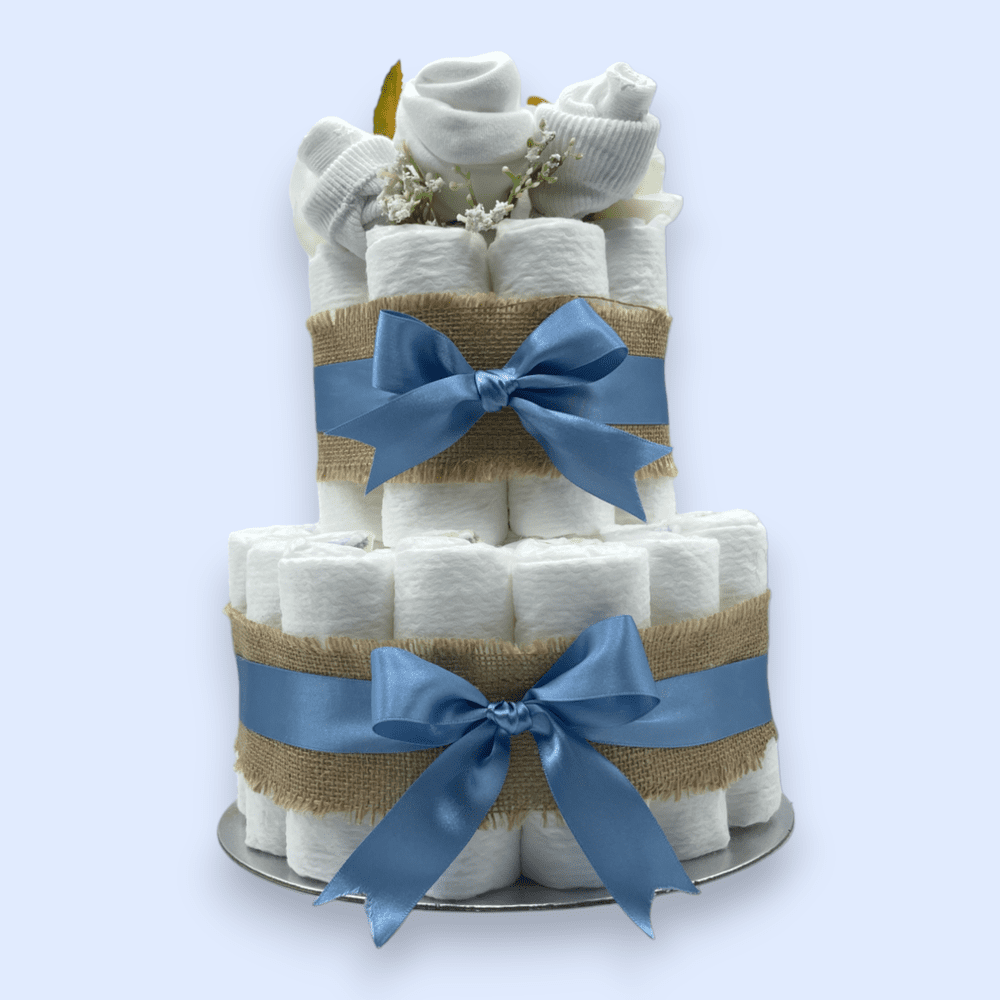 2-Tier Naked Nappy Cake with Floral Clothing Arrangement