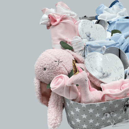 Soft toy rabbits included in the Large Luxury "Star" Suitcase Hamper for Twins