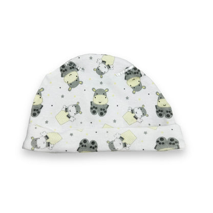 White Hat with Grey and Lemon Hippos Print from the Cute Little Hippo Baby Gift Set