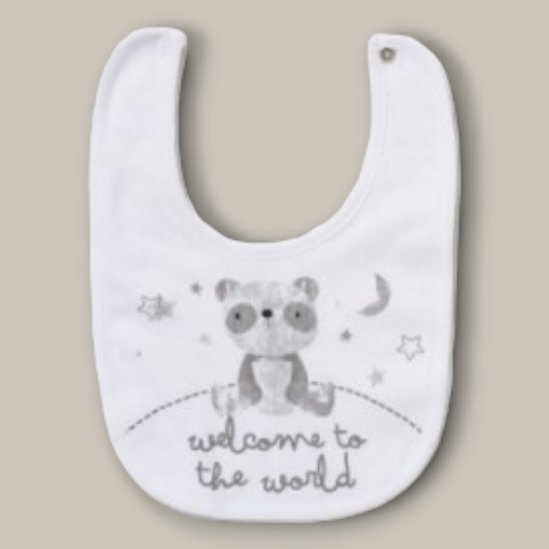 White bib with grey panda print from Baby Panda 8-Piece Layette Gift Set.