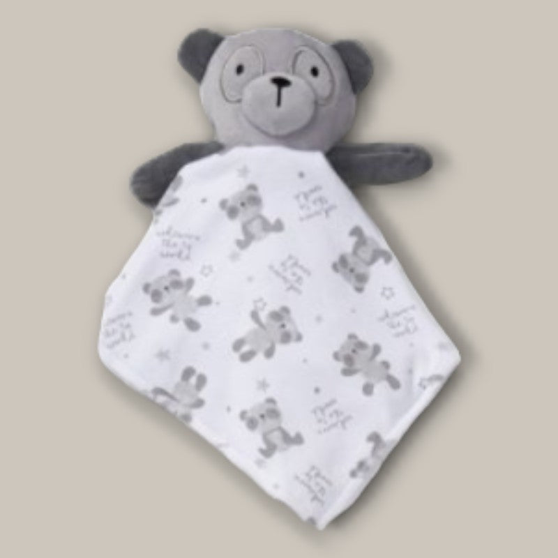 Small white and grey panda blanket comforter from Baby Panda 8-Piece Layette Gift Set.