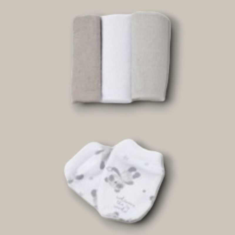 Three soft washcloths and a pair of mittens in white and grey panda print from Baby Panda 8-Piece Layette Gift Set.