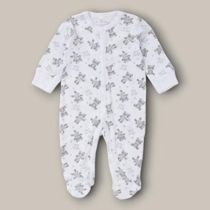 Long-sleeved and full-leg sleepsuit in white and grey panda print from Baby Panda 8-Piece Layette Gift Set.