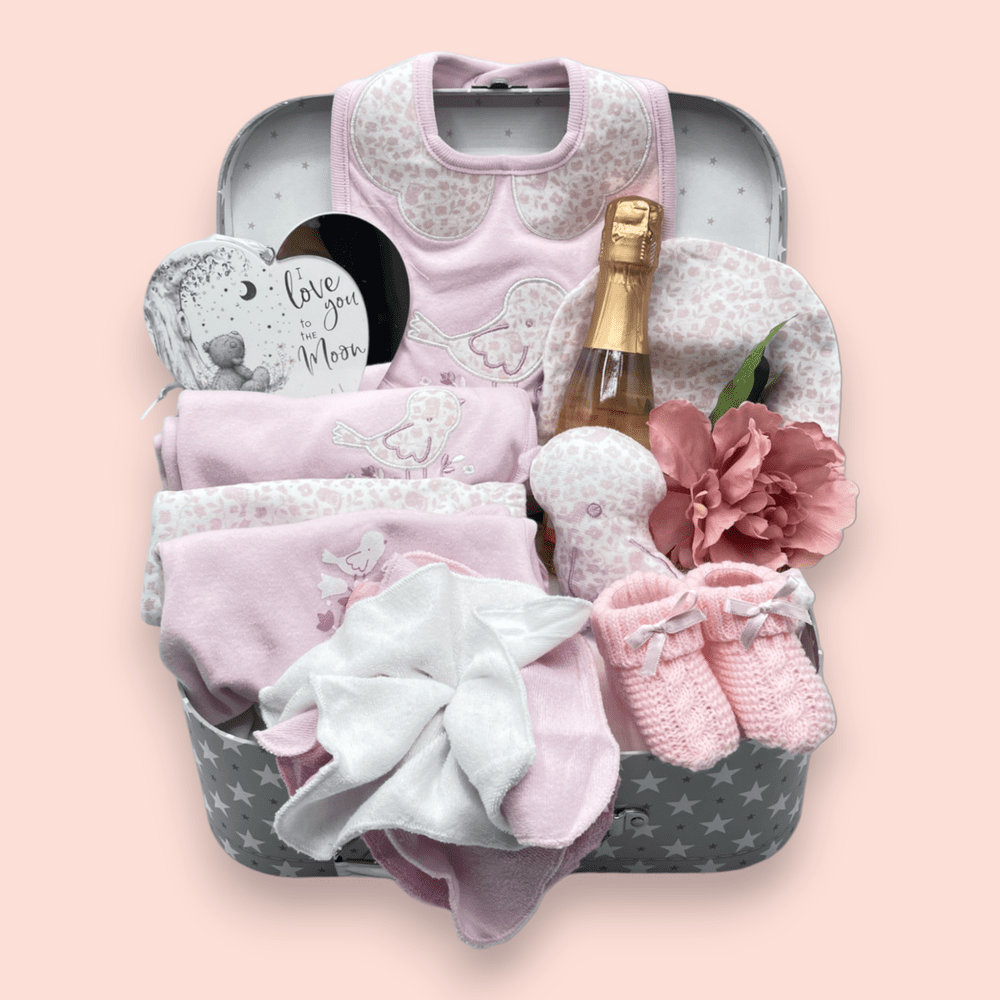 Luxury "Hello Baby Girl" Large Suitcase Hamper with newborn essentials