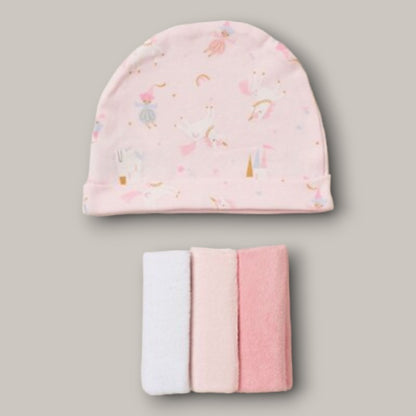 Practical Hat and Washcloths from the Royal Princess Print Baby Gift Set