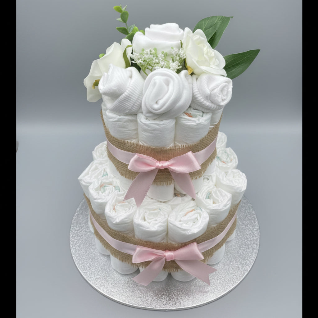 A decorative two-tier nappy cake styled with a baby clothing flower arrangement, with white rolled pampers nappies forming the tiers and the baby clothing forming the roses and carnations, added green leaves, and a hessian and pink ribbon bows on a white cake board against a pale grey background.