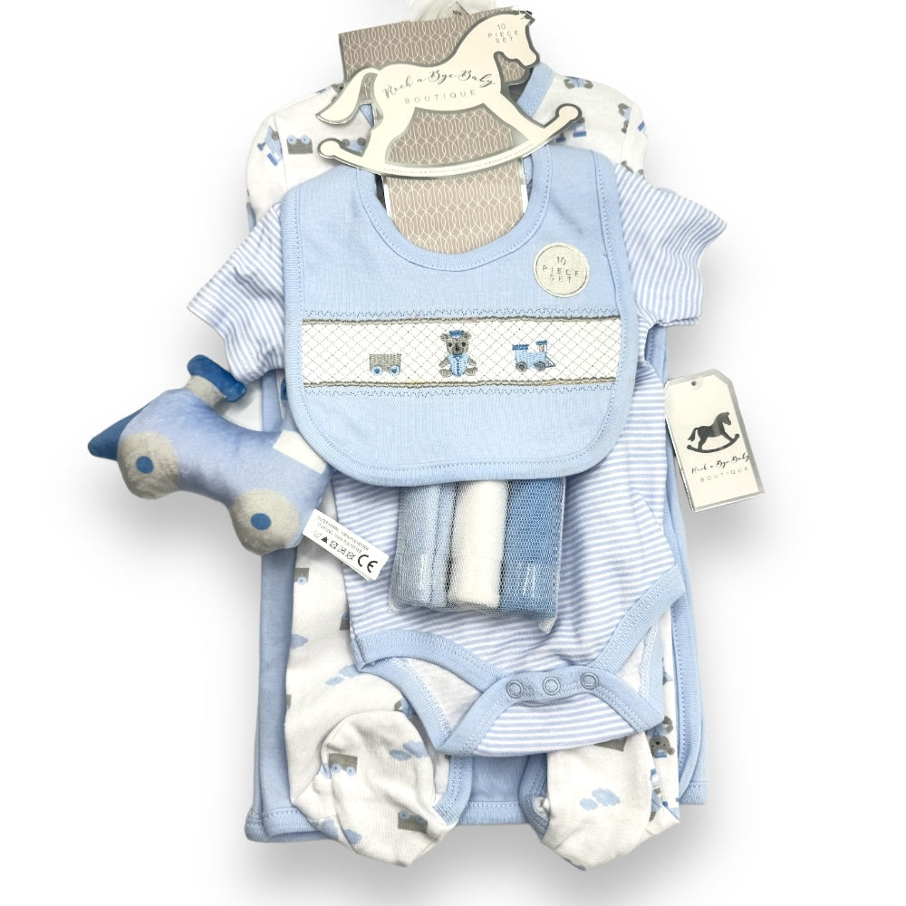 10 Piece Blue Train Baby Clothing Gift Set by Rock a Bye Baby Boutique