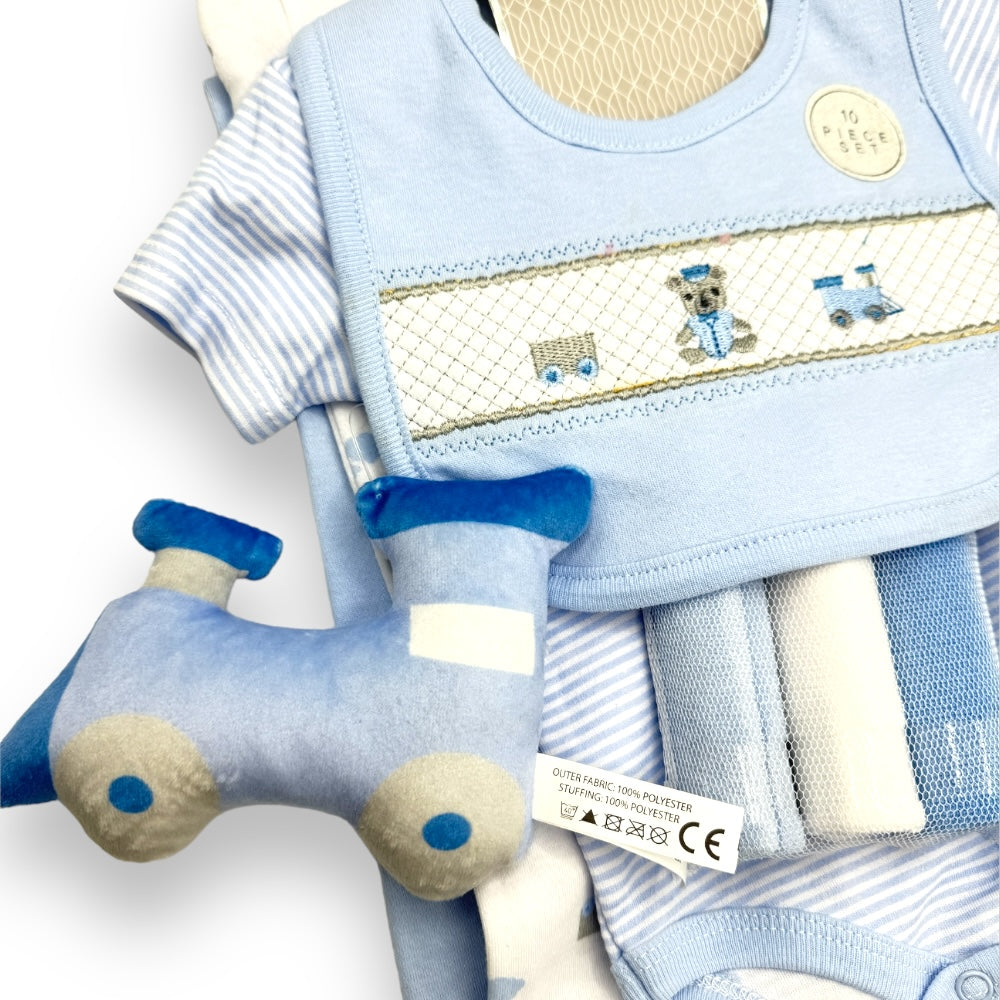 Small Baby Blue Train Soft Toy and Baby Blue Bib with Embroidered Blue and Silver Train, Carriage, and Teddy