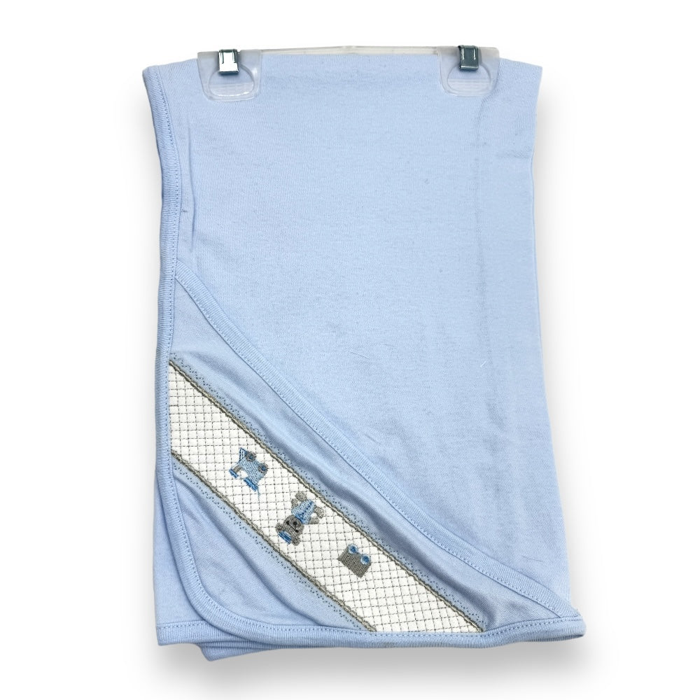 Baby Blue Hooded Blanket with Embroidered Blue and Silver Train, Carriage, and Teddy