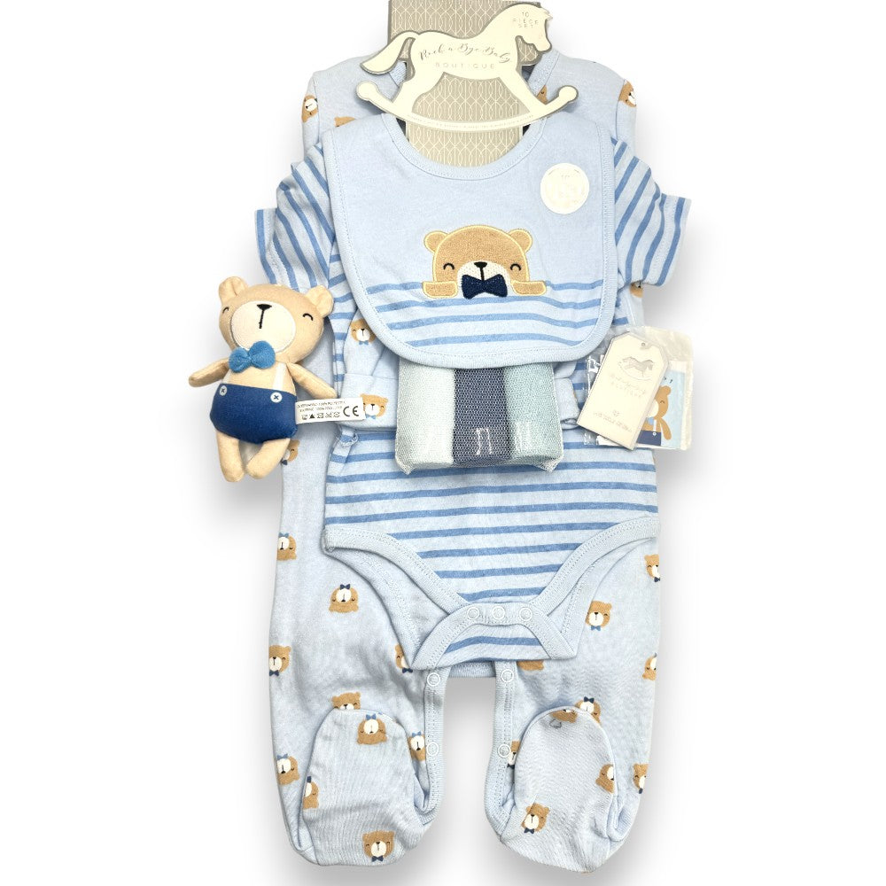 Bear Hug: 10-Piece Baby Clothing Gift Set featuring brown bear motif and baby blue hues