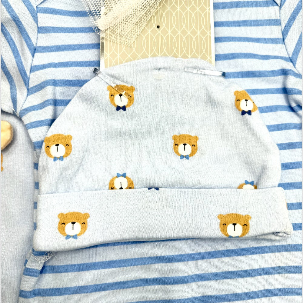 Baby blue hat featuring little brown bears from the Bear Hug 10-Piece Baby Clothing Gift Set