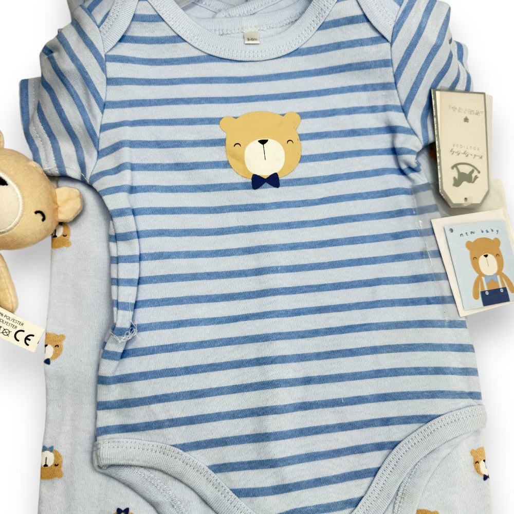 Baby blue bodysuit with brown bear print from the Bear Hug 10-Piece Baby Clothing Gift Set