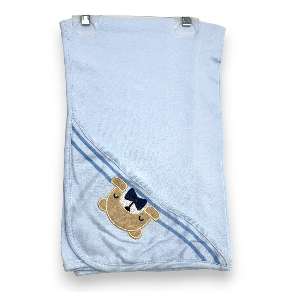 Baby blue hooded blanket with brown bear embroidery from the Bear Hug 10-Piece Baby Clothing Gift Set