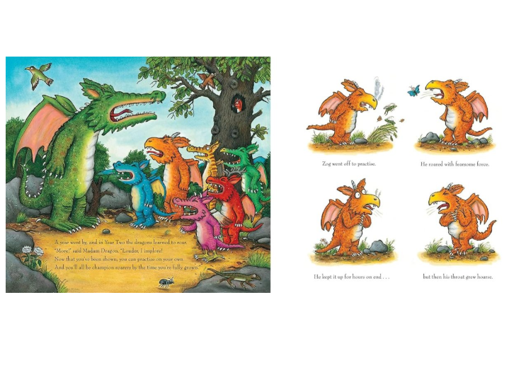 Zog Storybook by Julia Donaldson and Axel Scheffler. Illustrated children's book pages with colorful dragons and a tree.