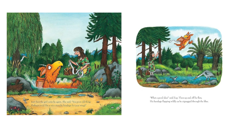 Zog Storybook by Julia Donaldson and Axel Scheffler. Illustrated scene from a children's book with a character and animal in a forest setting.