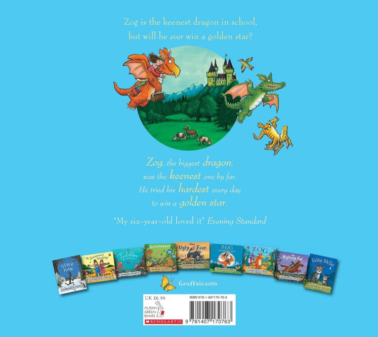 Zog Storybook by Julia Donaldson and Axel Scheffler. Back cover of a children's book with cartoon dragons and a castle on a blue background
