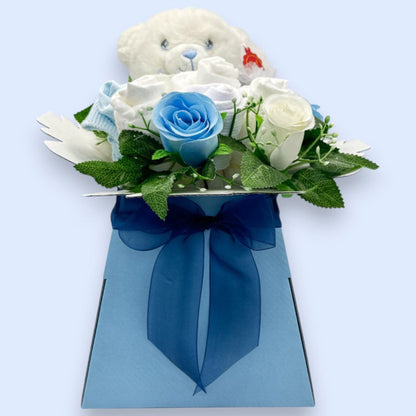 Blue Baby Blossom newborn baby boy gift box with Keeleco teddy, nappies, baby socks and blue and white roses