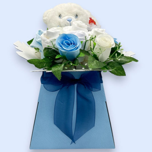 Blue Baby Blossom newborn baby boy gift box with Keeleco teddy, nappies, baby socks and blue and white roses