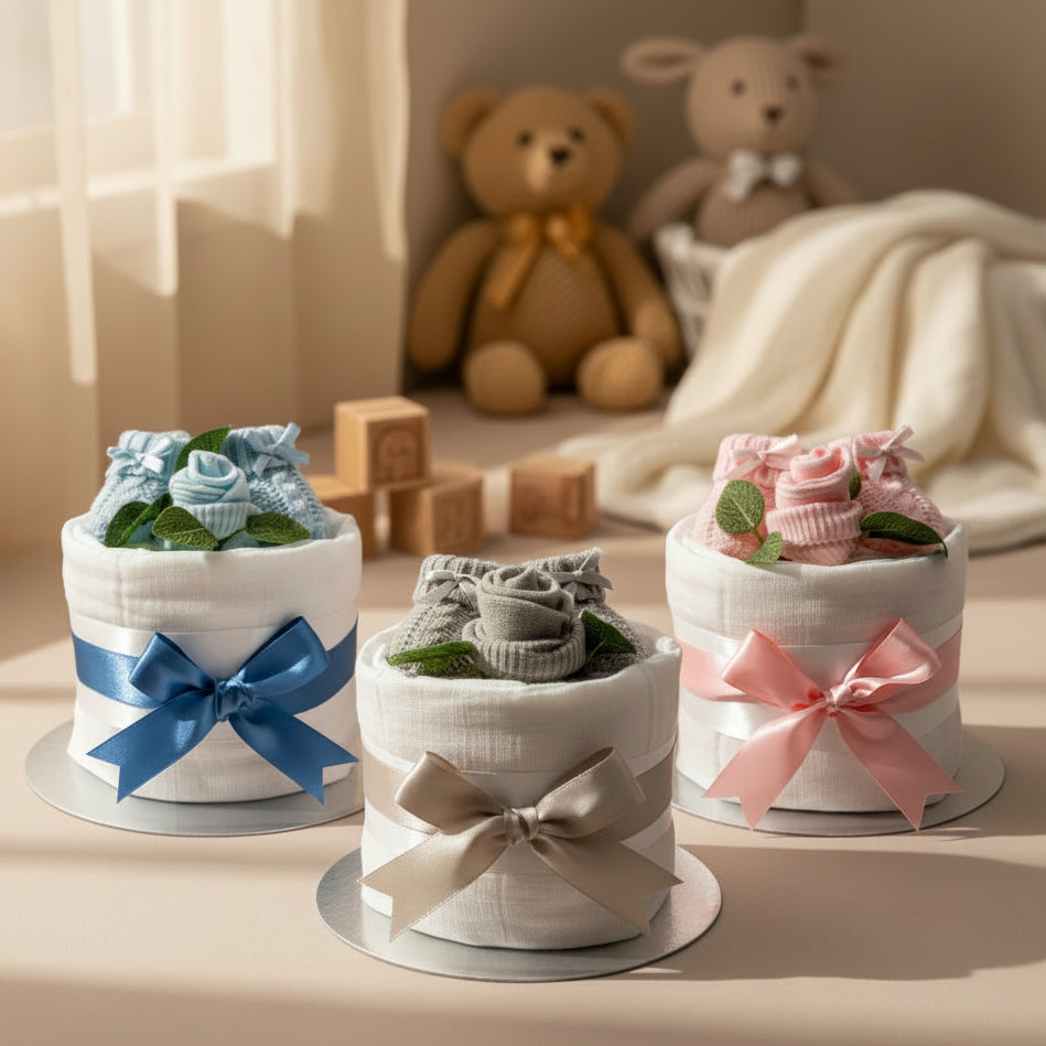Three mini nappy cakes in pink, blue, and neutral with knitted booties, socks, and muslin, styled by Love & Tiers
