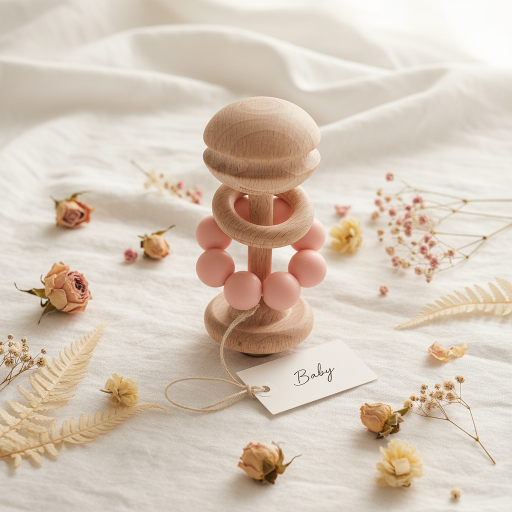 Pink silicone and beech wood baby teether by BAMBINO BY JULIANA