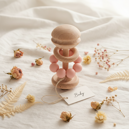Pink silicone and beech wood baby teether by BAMBINO BY JULIANA