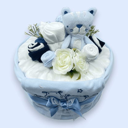 Handcrafted blue baby nappy cake – practical and beautiful newborn present