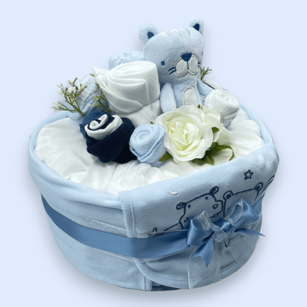 Handcrafted blue baby nappy cake – practical and beautiful newborn present (Right Side View)
