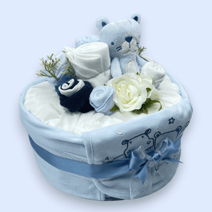 Handcrafted blue baby nappy cake – practical and beautiful newborn present (Right Side View)