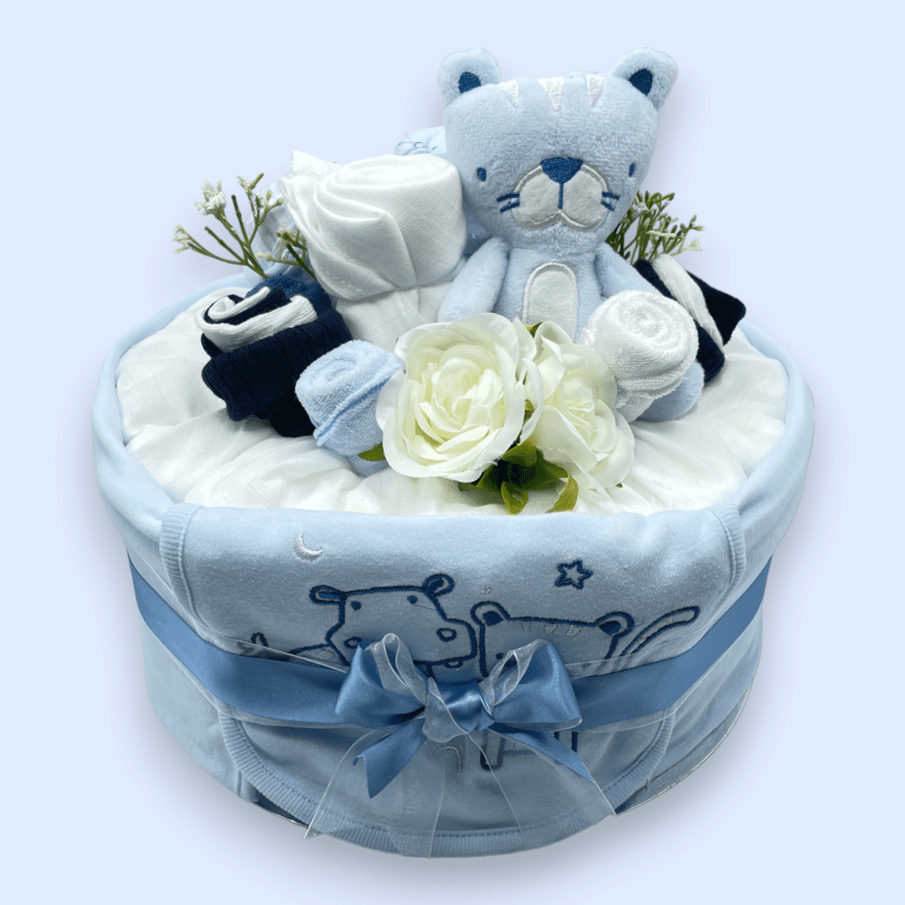 Elegant blue baby  Tier Deluxe Nappy Cake with clothing bouquet and soft toy 