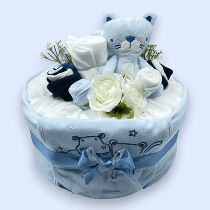 Elegant blue baby  Tier Deluxe Nappy Cake with clothing bouquet and soft toy 