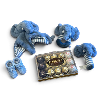 Blue new baby gift suitcase contents of thoughtful baby gifts