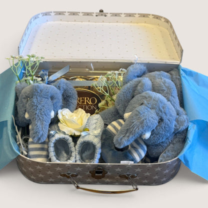 Blue new baby gift suitcase by Love & Tiers