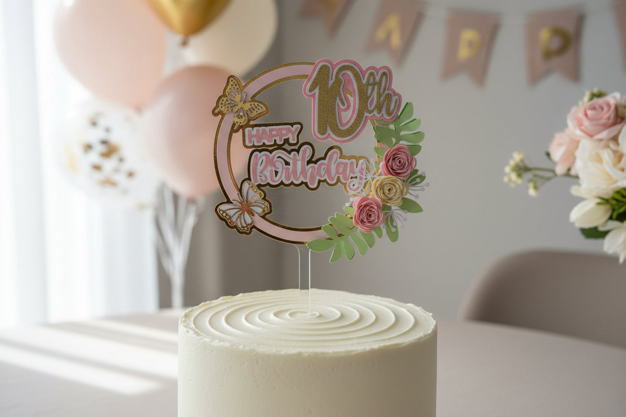 Close up of handmade floral 10th birthday cake topper with layered cardstock design