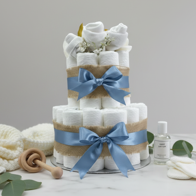Elegant 2-tier naked nappy cake with blue ribbon and floral clothing topper