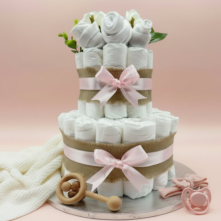 Elegant 2-tier naked nappy cake with pink ribbon and floral clothing topper