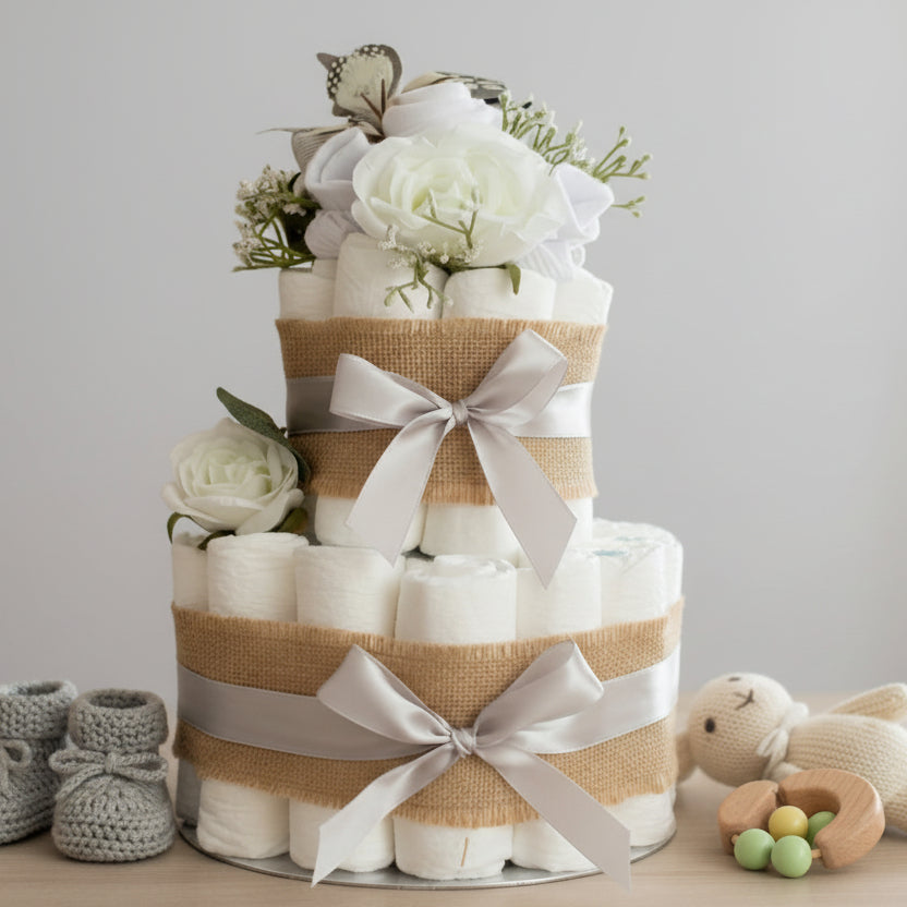 Elegant 2 tier naked nappy cake with silver ribbon and floral baby clothing topper