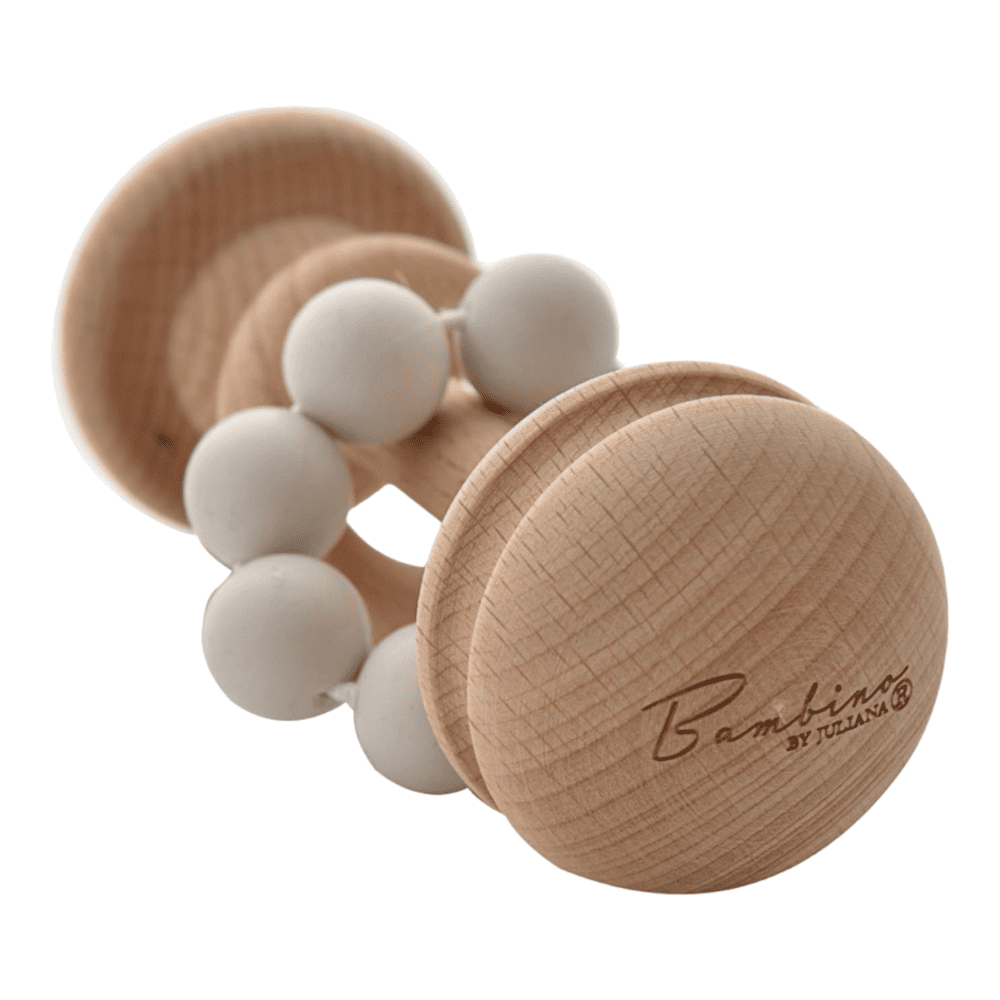 Grey food-grade silicone and beech wood baby teether