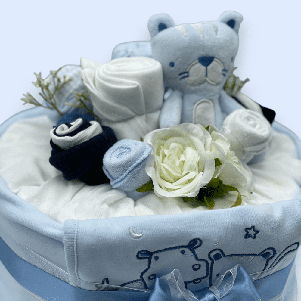 Handcrafted blue baby nappy cake Close up