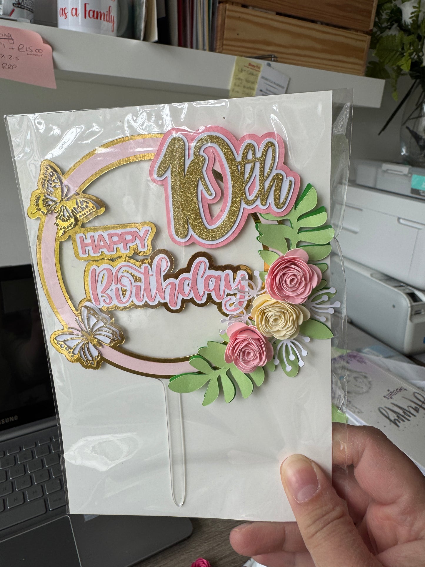 Blush floral 10th birthday cake topper with gold lettering and embellishments