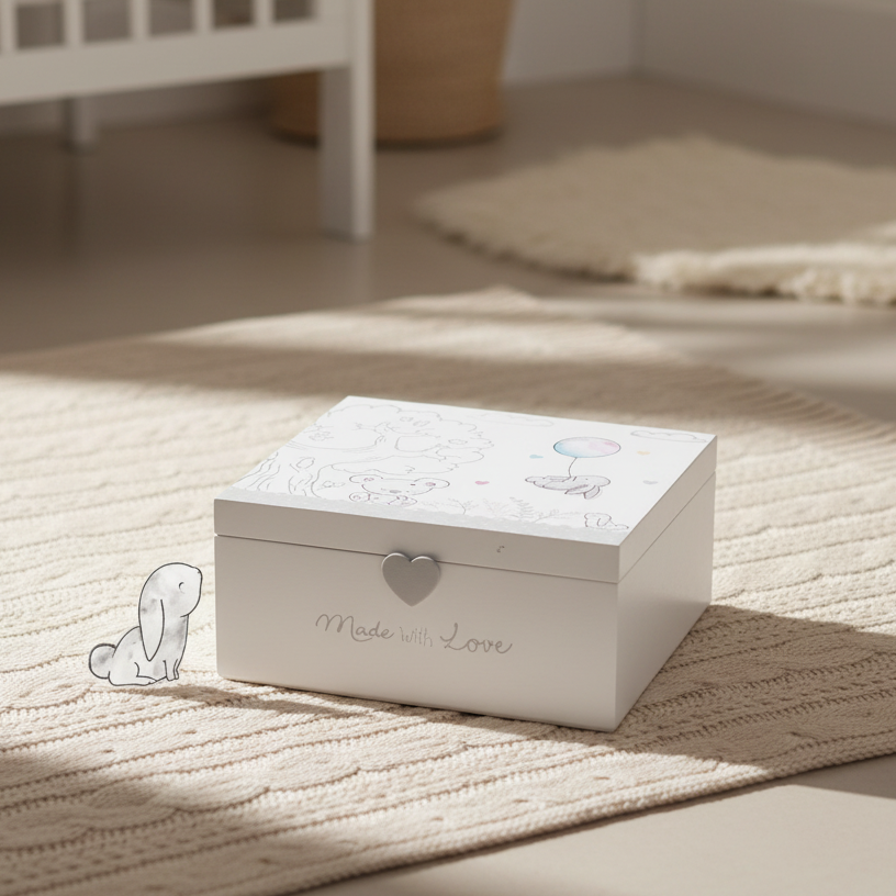 Neutral nursery decor featuring Hugs & Kisses wooden memory box