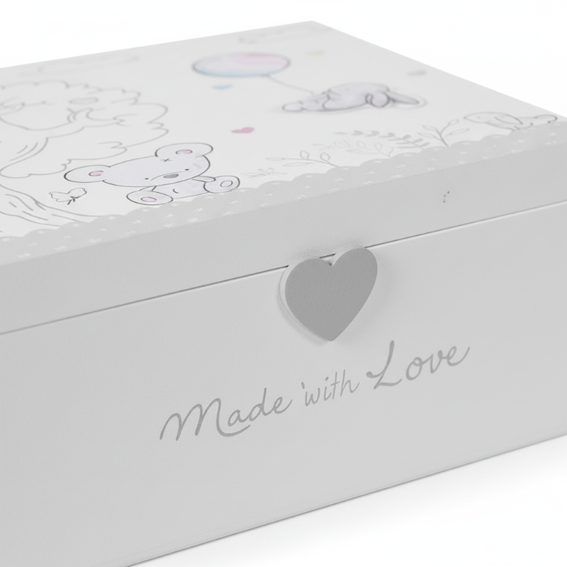 Elegant wooden keepsake box with “Made with Love” detailing and grey heart