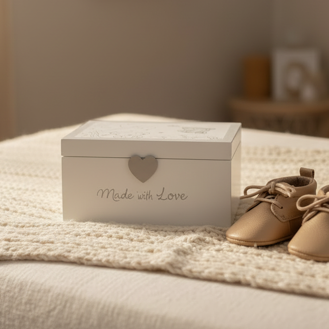 Baby memory box for storing first shoes, photos, and keepsakes