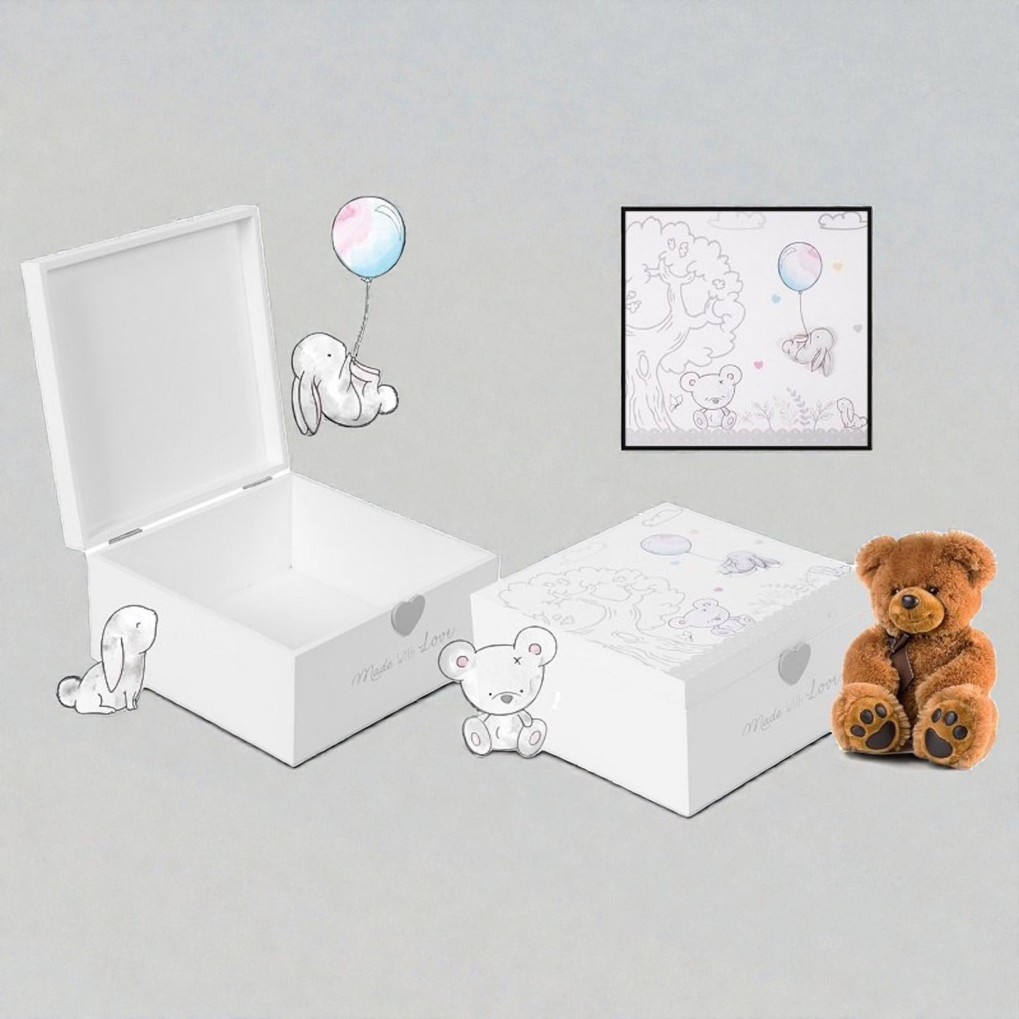 White wooden baby keepsake box with woodland design and grey heart detail