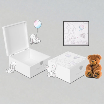 White wooden baby keepsake box with woodland design and grey heart detail