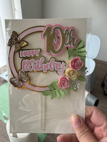 Luxury 10th birthday cake topper with acrylic circle frame and floral details