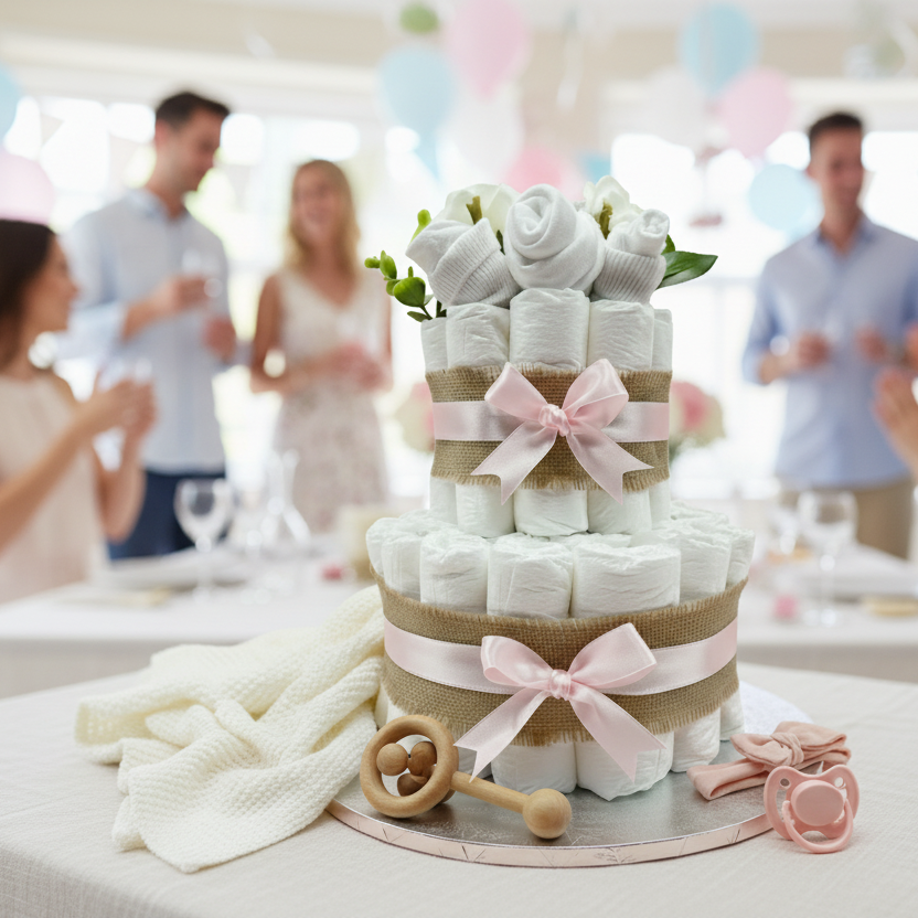 Luxury pink naked nappy cake baby shower centrepiece
